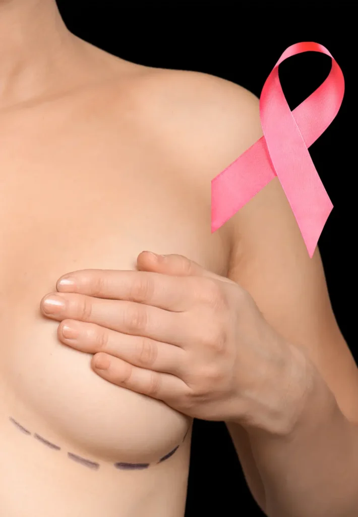 A breast cancer awareness pink ribbon positioned over a person covering their post-surgery chest, with visible surgical marks.